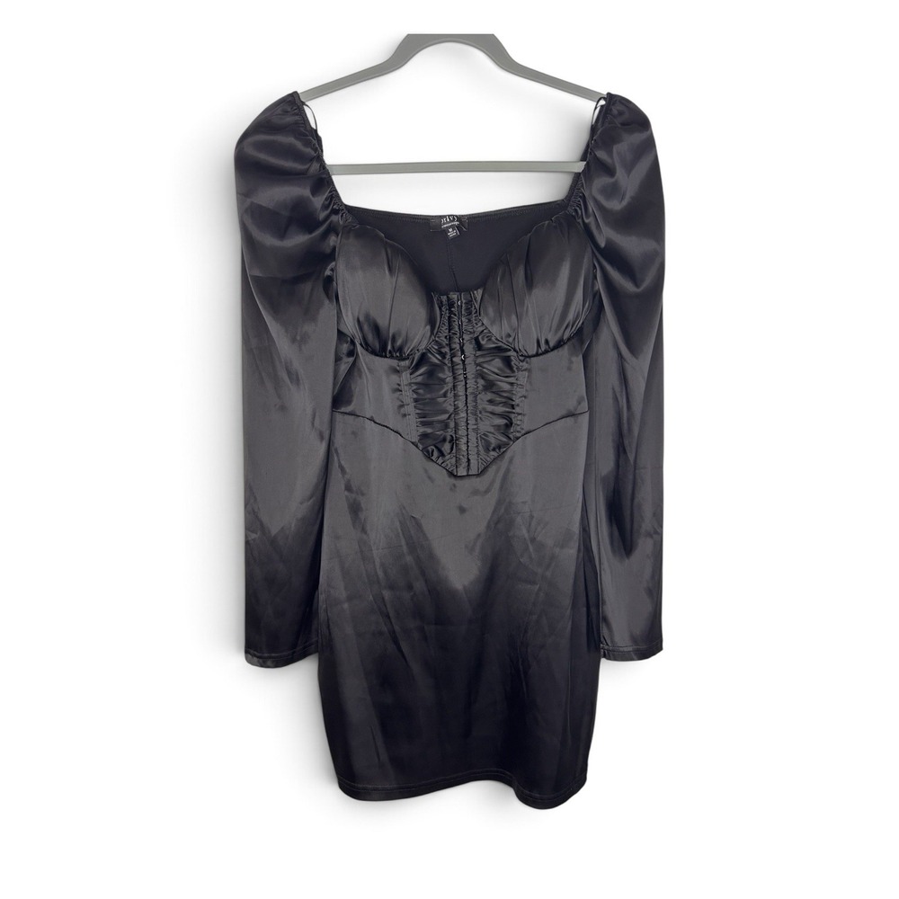 Privy Women's M Black Satin Corset Mini Dress Puff Sleeve Y2K Party